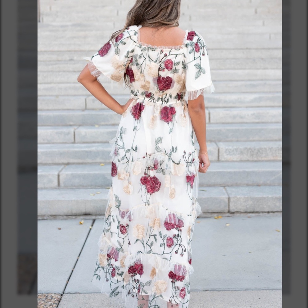 Floral Embroidered Maxi Dress in White with Burgundy Accents - Picture 4 of 9
